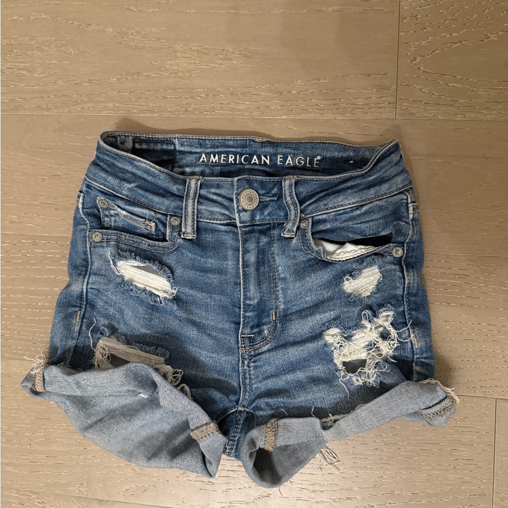 American Eagle Outfitters Blue Jean Shorts with Distressed Details